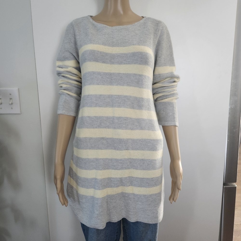 J.JILL Women's Boat Neck Cotton Blend Tunic Knit Sweater Medium Grey Lt Cream